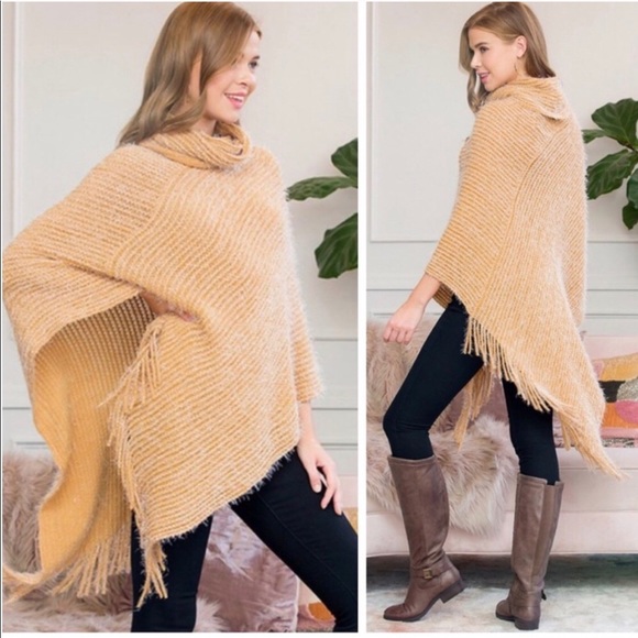 Sweaters - NWT! Final Price! Poncho Turtleneck fringe Taupe